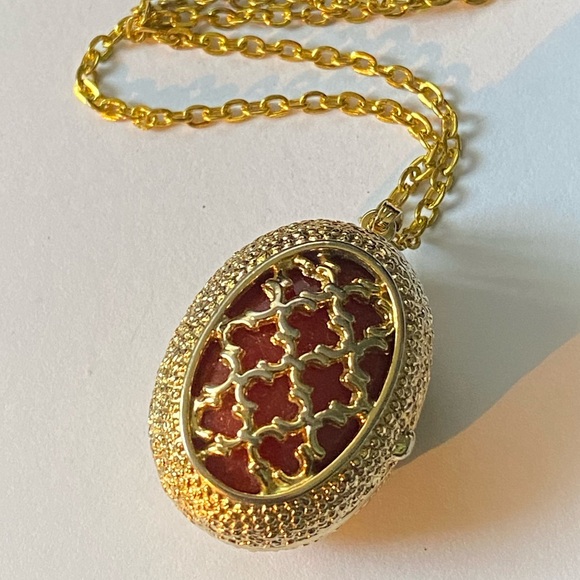 Gold Tone and Red Glass Locket Necklace - Picture 1 of 11